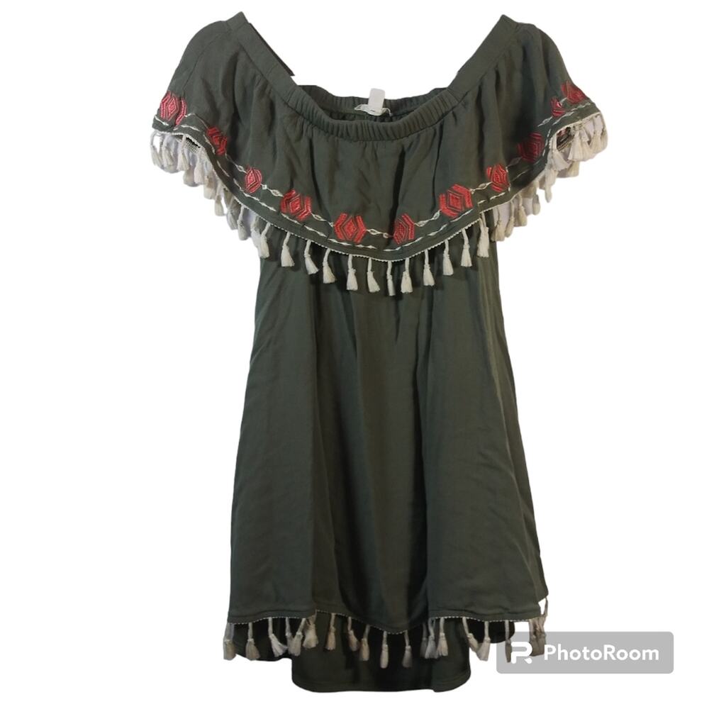 Francesca's Miami Festival Olive Green Off the Shoulder Tassel Dress Size M